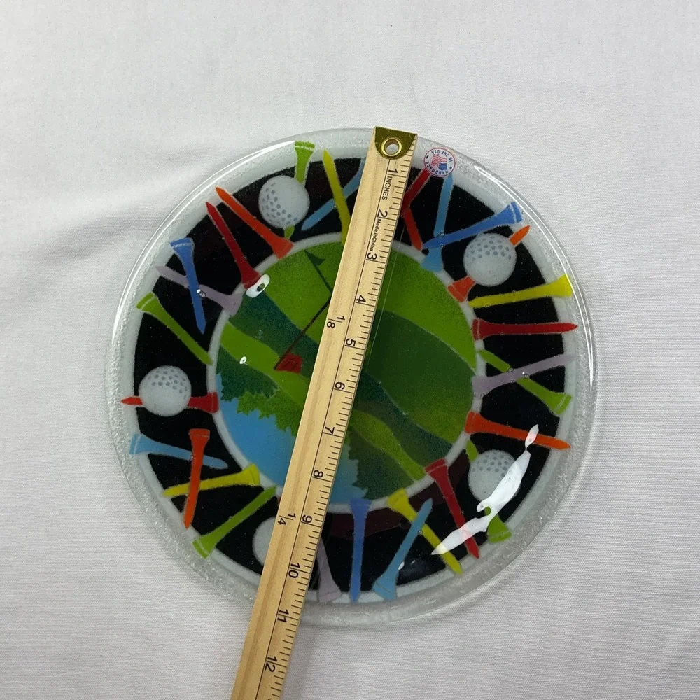 Peggy Karr Fused Glass Golf Plate Signed Art Glass 11.5 Inch Green Fairway Decor